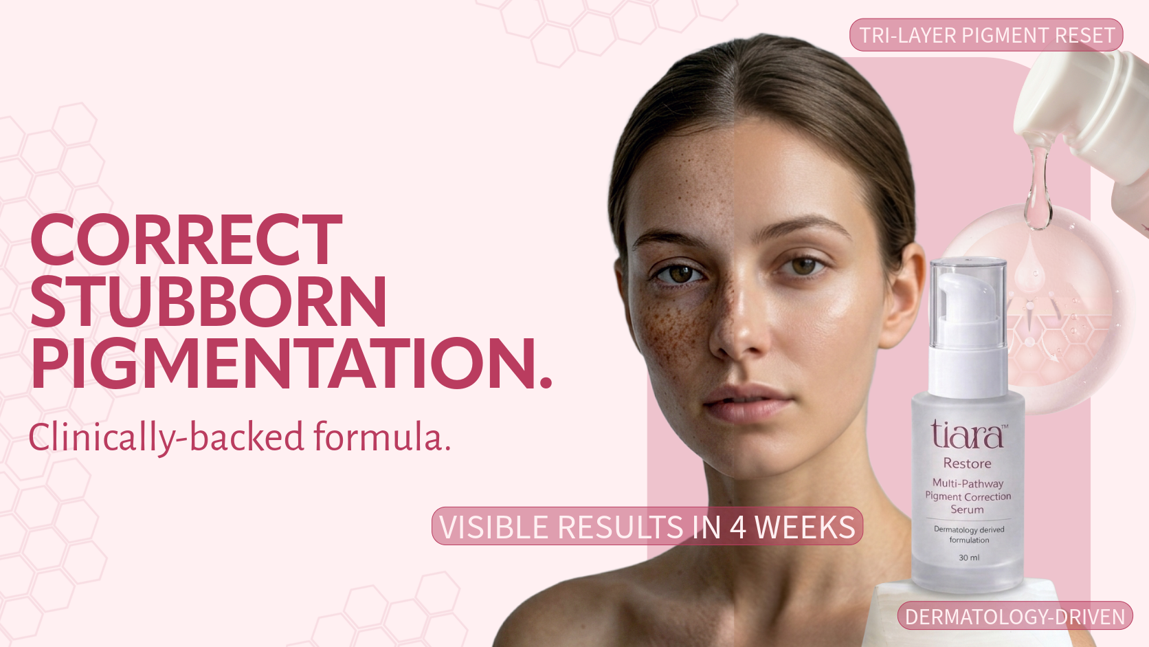Advertisement for skincare product with a woman's face and product packaging on a pink background.